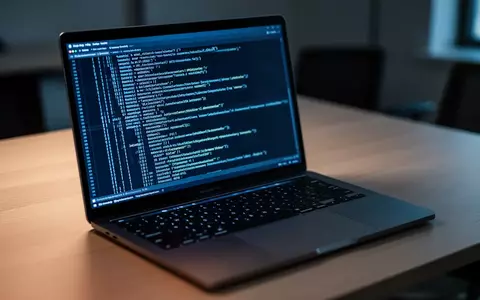 Ein offener Laptop auf einem Schreibtisch zeigt komplexen Programmcode in einem Terminalfenster bei bläulichem Bildschirmlicht. - Foto: über boerse-global.de