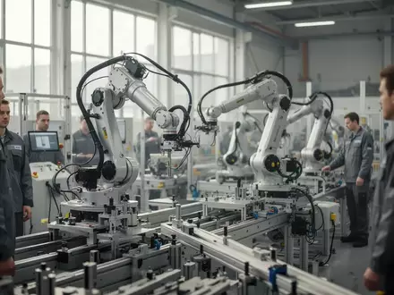 Moderne, automatisierte Fertigungshalle in einem deutschen Industriebetrieb mit Technikern im Hintergrund. - Foto: über boerse-global.de