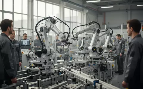 Moderne, automatisierte Fertigungshalle in einem deutschen Industriebetrieb mit Technikern im Hintergrund. - Foto: über boerse-global.de