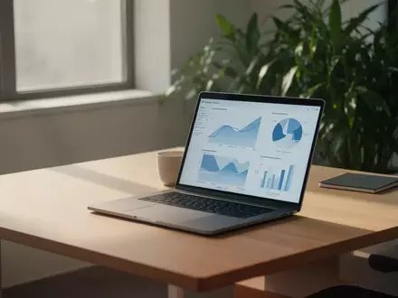 Ein moderner, aufgeräumter Arbeitsplatz mit einem Laptop, auf dem Datenvisualisierungen für Klimaschutzprojekte zu sehen sind. - Foto: über boerse-global.de