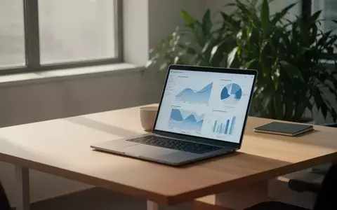 Ein moderner, aufgeräumter Arbeitsplatz mit einem Laptop, auf dem Datenvisualisierungen für Klimaschutzprojekte zu sehen sind. - Foto: über boerse-global.de