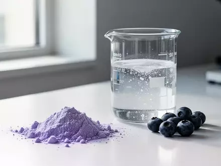 Ein Glasbecher mit einer Nahrungsergänzungsmittellösung neben Blaubeeren und Pflanzenextrakt auf einer Labortischoberfläche. - Foto: über boerse-global.de