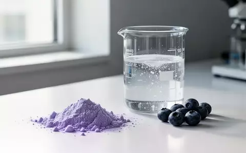 Ein Glasbecher mit einer Nahrungsergänzungsmittellösung neben Blaubeeren und Pflanzenextrakt auf einer Labortischoberfläche. - Foto: über boerse-global.de