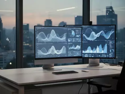 Ein modernes Büro in Seoul mit einem aufgeräumten Schreibtisch und einem Monitor, der abstrakte Datenvisualisierungen zeigt. - Foto: über boerse-global.de