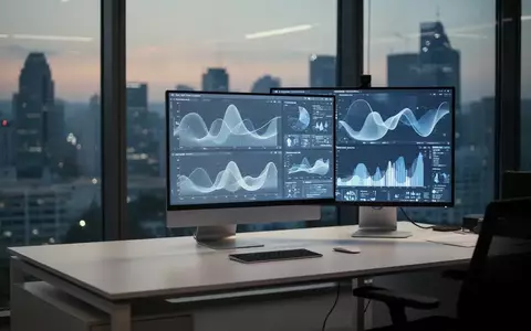 Ein modernes Büro in Seoul mit einem aufgeräumten Schreibtisch und einem Monitor, der abstrakte Datenvisualisierungen zeigt. - Foto: über boerse-global.de