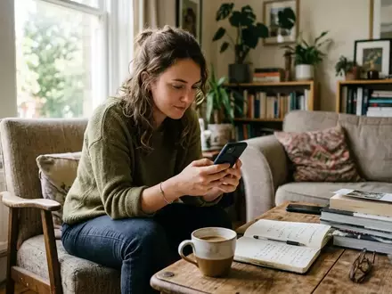 Eine Person betrachtet ungefilterte Schnappschüsse auf einem Smartphone in einem natürlich beleuchteten Wohnzimmer. - Foto: über boerse-global.de