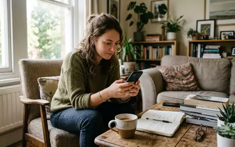 Eine Person betrachtet ungefilterte Schnappschüsse auf einem Smartphone in einem natürlich beleuchteten Wohnzimmer. - Foto: über boerse-global.de