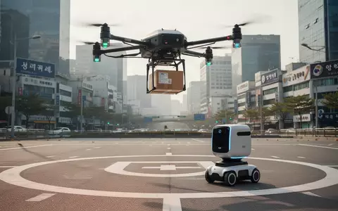 Eine Lastendrohne übergibt Fracht an einen autonomen Lieferroboter auf einem Parkplatz in einer südkoreanischen Stadt. - Foto: über boerse-global.de