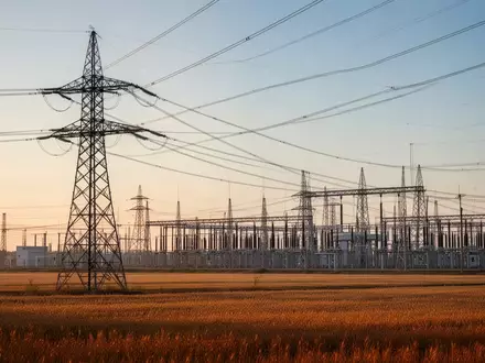 Hochspannungsmast und Umspannwerk in einer weiten Landschaft bei Sonnenuntergang. - Foto: über boerse-global.de