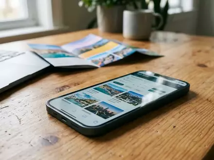Ein Smartphone auf einem Schreibtisch zeigt eine Reise-Buchungsplattform, im Hintergrund ein Laptop und Reiseunterlagen. - Foto: über boerse-global.de