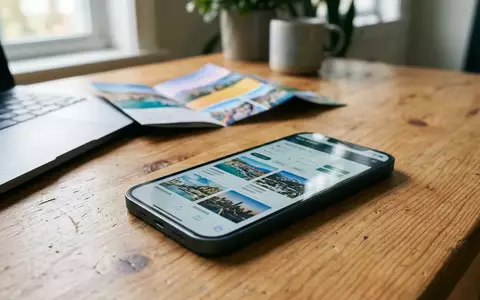 Ein Smartphone auf einem Schreibtisch zeigt eine Reise-Buchungsplattform, im Hintergrund ein Laptop und Reiseunterlagen. - Foto: über boerse-global.de