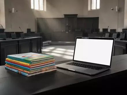 Ein Stapel Kinderbücher und ein Laptop auf einem hölzernen Richtertisch in einem modernen Gerichtssaal. - Foto: über boerse-global.de