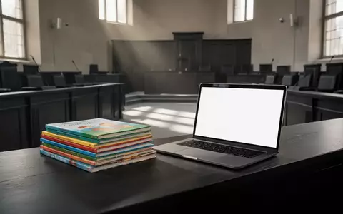 Ein Stapel Kinderbücher und ein Laptop auf einem hölzernen Richtertisch in einem modernen Gerichtssaal. - Foto: über boerse-global.de