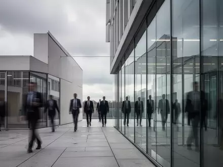 Ein modernes Regierungsgebäude mit einer Glasfassade, vor der sich im Hintergrund schemenhaft Behördenmitarbeiter bewegen. - Foto: über boerse-global.de