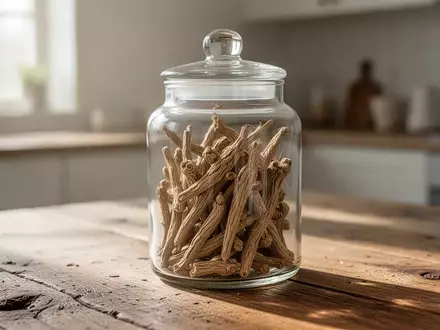 Ein Glasgefäß mit getrockneten Ashwagandha-Wurzeln auf einem Holztisch in einer hellen Küche. - Foto: über boerse-global.de