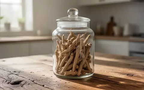 Ein Glasgefäß mit getrockneten Ashwagandha-Wurzeln auf einem Holztisch in einer hellen Küche. - Foto: über boerse-global.de