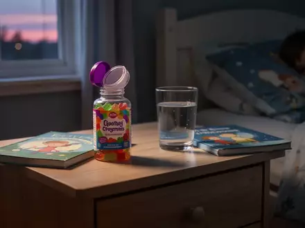 Eine geöffnete Dose mit bunten Nahrungsergänzungsmitteln in Gummibärchenform auf einem Nachttisch neben einem Kinderbuch. - Foto: über boerse-global.de