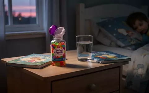 Eine geöffnete Dose mit bunten Nahrungsergänzungsmitteln in Gummibärchenform auf einem Nachttisch neben einem Kinderbuch. - Foto: über boerse-global.de