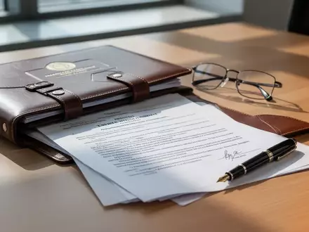 Ein Schreibtisch in einem Büro mit einer Rechtsakte, einer Lesebrille und einem Füllfederhalter bei natürlichem Licht. - Foto: über boerse-global.de