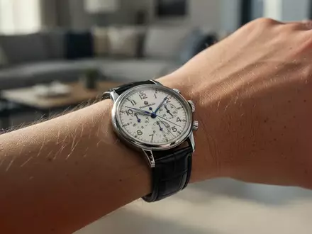 Nahaufnahme einer analogen Armbanduhr an einem Handgelenk vor einem unscharfen Hintergrund. - Foto: über boerse-global.de