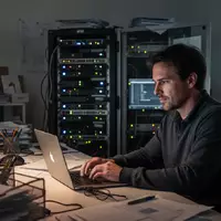 Ein konzentrierter Mitarbeiter in einem Schweizer Büro vor einem Laptop, im Hintergrund ein Server-Rack mit Blinklichtern. - Foto: über boerse-global.de