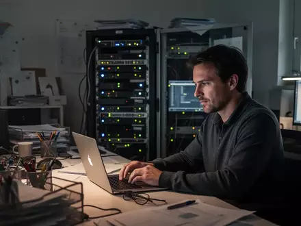 Ein konzentrierter Mitarbeiter in einem Schweizer Büro vor einem Laptop, im Hintergrund ein Server-Rack mit Blinklichtern. - Foto: über boerse-global.de