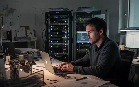 Ein konzentrierter Mitarbeiter in einem Schweizer Büro vor einem Laptop, im Hintergrund ein Server-Rack mit Blinklichtern. - Foto: über boerse-global.de