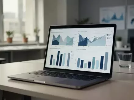 Ein moderner Schreibtisch mit einem Laptop, auf dem abstrakte Datenvisualisierungen und Diagramme zu sehen sind. - Foto: über boerse-global.de