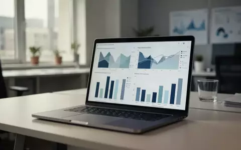 Ein moderner Schreibtisch mit einem Laptop, auf dem abstrakte Datenvisualisierungen und Diagramme zu sehen sind. - Foto: über boerse-global.de