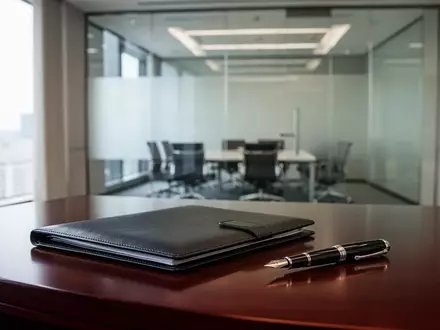 Ein eleganter Konferenztisch in einem modernen Büro mit einer Ledermappe und einem Füllfederhalter. - Foto: über boerse-global.de
