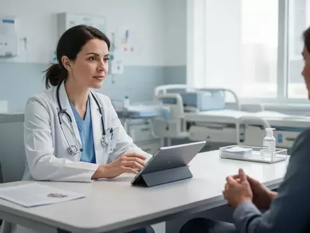 Ein medizinischer Fachangestellter führt in einem modernen, hellen Behandlungszimmer ein Gespräch mit einem Patienten. - Foto: über boerse-global.de