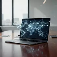 Ein moderner Konferenzraum mit einem Laptop, der abstrakte Netzwerkknoten für globale KI-Governance darstellt. - Foto: über boerse-global.de