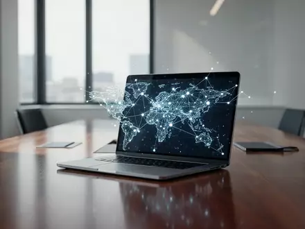 Ein moderner Konferenzraum mit einem Laptop, der abstrakte Netzwerkknoten für globale KI-Governance darstellt. - Foto: über boerse-global.de
