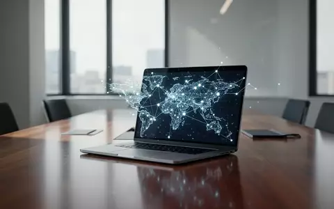 Ein moderner Konferenzraum mit einem Laptop, der abstrakte Netzwerkknoten für globale KI-Governance darstellt. - Foto: über boerse-global.de