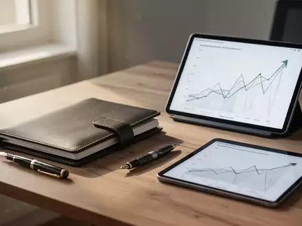 Ein moderner Schreibtisch mit Notizbuch, Stift und Tablet, das ein Wachstumsdiagramm zeigt, bei natürlichem Tageslicht. - Foto: über boerse-global.de