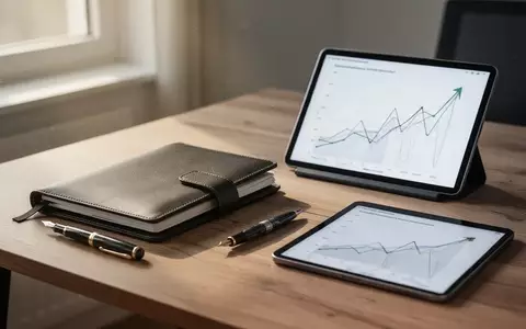 Ein moderner Schreibtisch mit Notizbuch, Stift und Tablet, das ein Wachstumsdiagramm zeigt, bei natürlichem Tageslicht. - Foto: über boerse-global.de