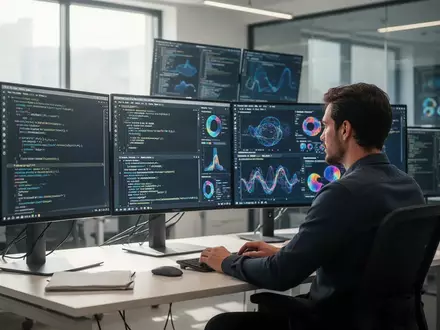 Ein Softwareentwickler arbeitet an einem modernen Schreibtisch mit mehreren Monitoren, die komplexen Code anzeigen. - Foto: über boerse-global.de