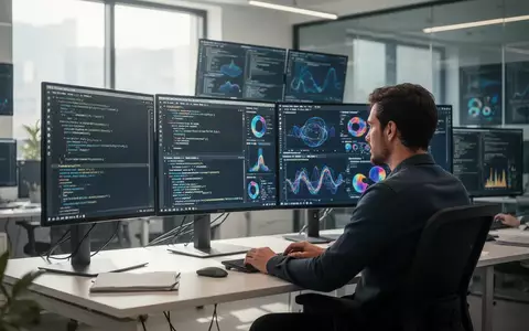 Ein Softwareentwickler arbeitet an einem modernen Schreibtisch mit mehreren Monitoren, die komplexen Code anzeigen. - Foto: über boerse-global.de