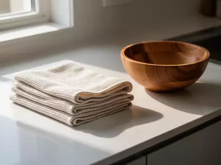 Gefaltete, wiederverwendbare Küchentücher aus Naturmaterialien auf einer modernen Küchenarbeitsplatte. - Foto: über boerse-global.de
