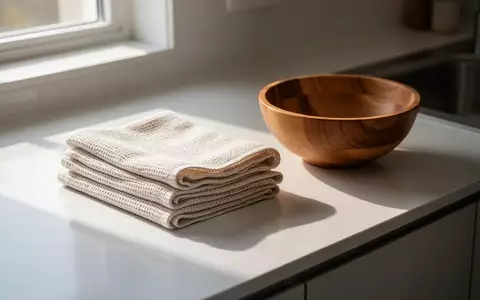 Gefaltete, wiederverwendbare Küchentücher aus Naturmaterialien auf einer modernen Küchenarbeitsplatte. - Foto: über boerse-global.de