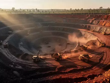 Ein weitläufiger Tagebau bei Sonnenuntergang, der die industrielle Dimension der Rohstoffgewinnung in einer natürlichen Landschaft zeigt. - Foto: über boerse-global.de