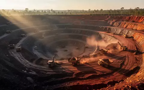 Ein weitläufiger Tagebau bei Sonnenuntergang, der die industrielle Dimension der Rohstoffgewinnung in einer natürlichen Landschaft zeigt. - Foto: über boerse-global.de