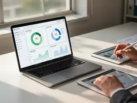Ein moderner Schreibtisch mit einem Laptop, auf dem ein digitales Dashboard zur Nachhaltigkeitsberichterstattung zu sehen ist. - Foto: über boerse-global.de
