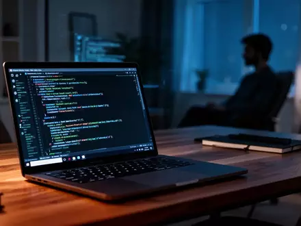 Ein dunkler Arbeitsplatz mit Laptop und leuchtendem Bildschirm in einer professionellen Büroumgebung. - Foto: über boerse-global.de