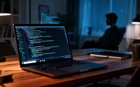 Ein dunkler Arbeitsplatz mit Laptop und leuchtendem Bildschirm in einer professionellen Büroumgebung. - Foto: über boerse-global.de