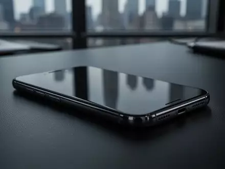 Ein modernes Smartphone liegt auf einem dunklen Schreibtisch in einer dezent beleuchteten Büroumgebung. - Foto: über boerse-global.de