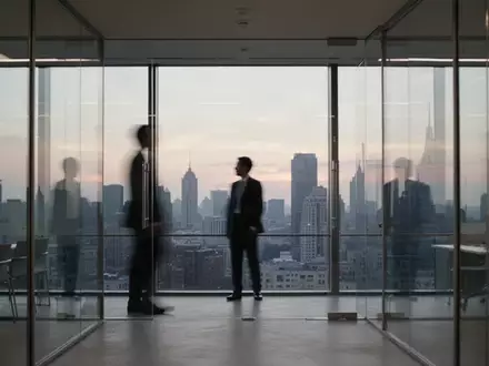 Ein moderner, minimalistischer Büroarbeitsplatz mit Blick auf eine Skyline bei Dämmerung. - Foto: über boerse-global.de