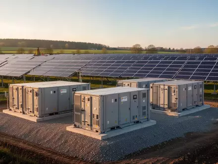 Baustelle eines Solarparks mit Batteriespeichersystemen in Mintraching bei Sonnenuntergang. - Foto: über boerse-global.de