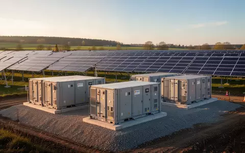 Baustelle eines Solarparks mit Batteriespeichersystemen in Mintraching bei Sonnenuntergang. - Foto: über boerse-global.de
