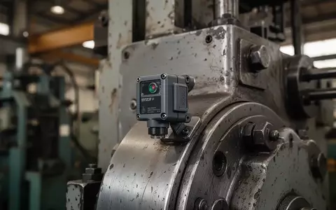 Ein robuster Industriesensor, der an einer schweren Fertigungsmaschine zur vorausschauenden Wartung montiert ist. - Foto: über boerse-global.de
